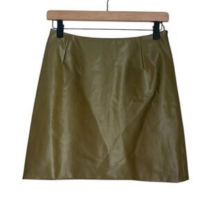 Future Ozbek Faux Leather A-Line Skirt Olive Green Size 8 Made in Italy